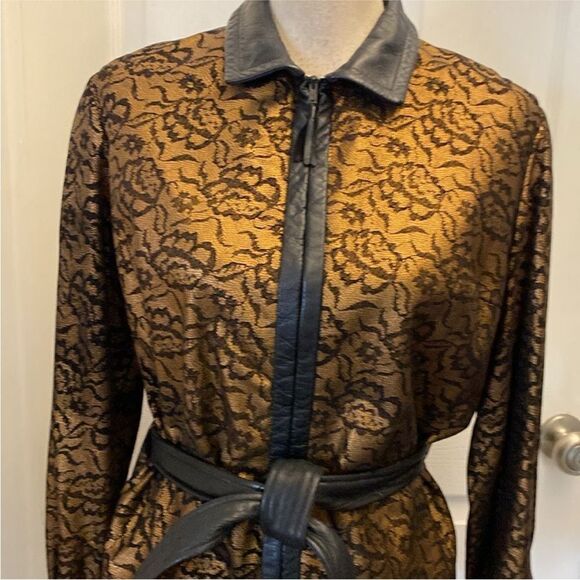 All genuine leather lace print gold/black belted jacket, M - Picture 2 of 8